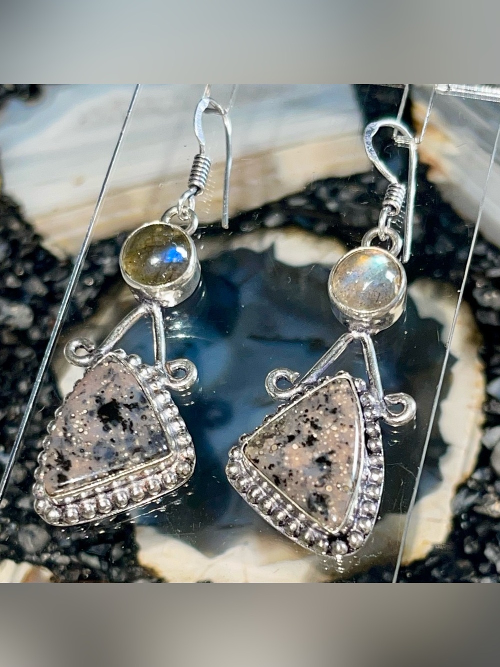 Honey Dendritic Agate & Labradorite Earrings 2 1/4”